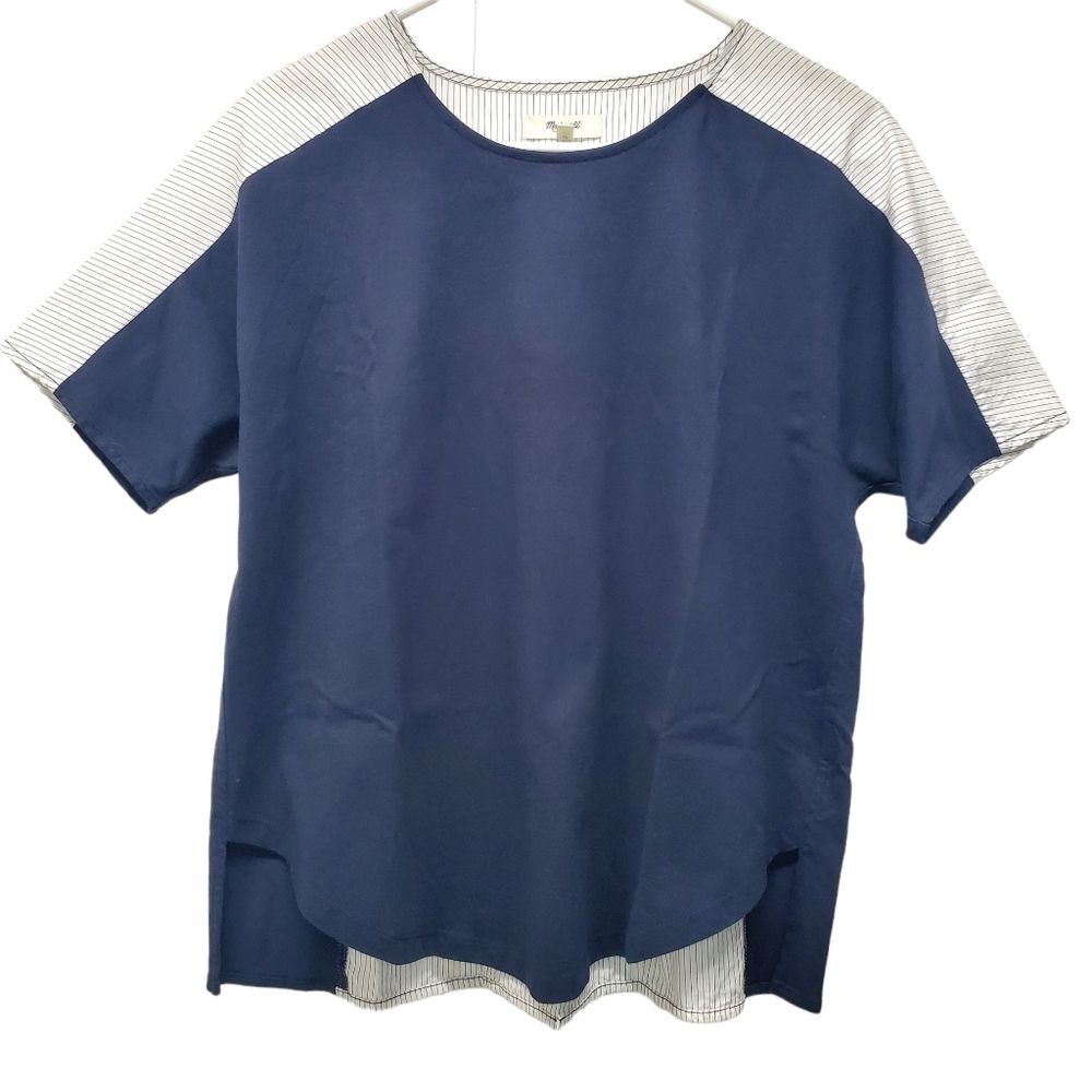 MADEWELL Navy & White Pinstripe Contrast Short Sleeve Cotton Top Size XS